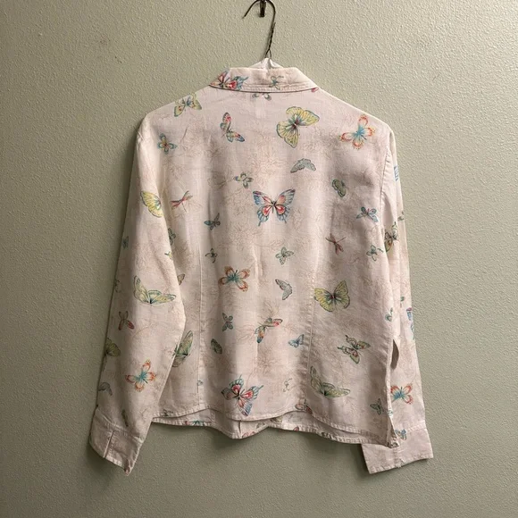 Talbots 100% Linen Button Down Blouse Size 10 Butterfly Print - Picture 5 of 13
